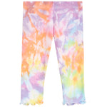 A pair of children's pants with a pastel rainbow tie-dye pattern, featuring a ruffled hem.