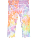 A pair of children's pants with a pastel rainbow tie-dye pattern, featuring a ruffled hem.