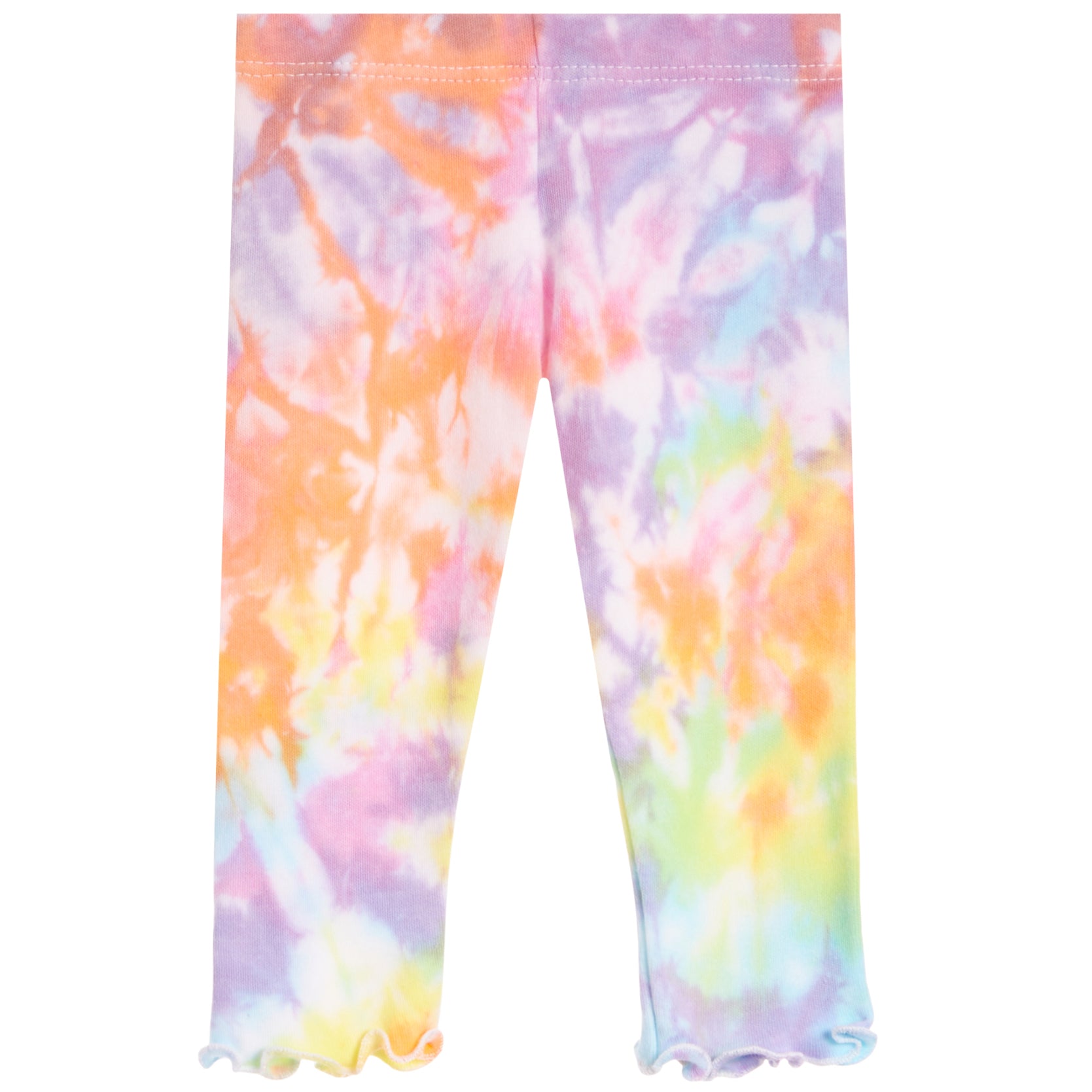 A pair of children's pants with a pastel rainbow tie-dye pattern, featuring a ruffled hem.