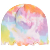 A pastel tie-dye beanie hat with a scalloped edge, featuring blended shades of pink, purple, orange, yellow, and light blue on a white background.