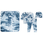 A baby clothing set featuring a blue and white tie-dye pattern, including a square blanket, a short-sleeve wrap top, matching pants, and a beanie, displayed on a solid white background.