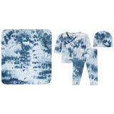 A baby clothing set featuring a blue and white tie-dye pattern, including a square blanket, a short-sleeve wrap top, matching pants, and a beanie, displayed on a solid white background.