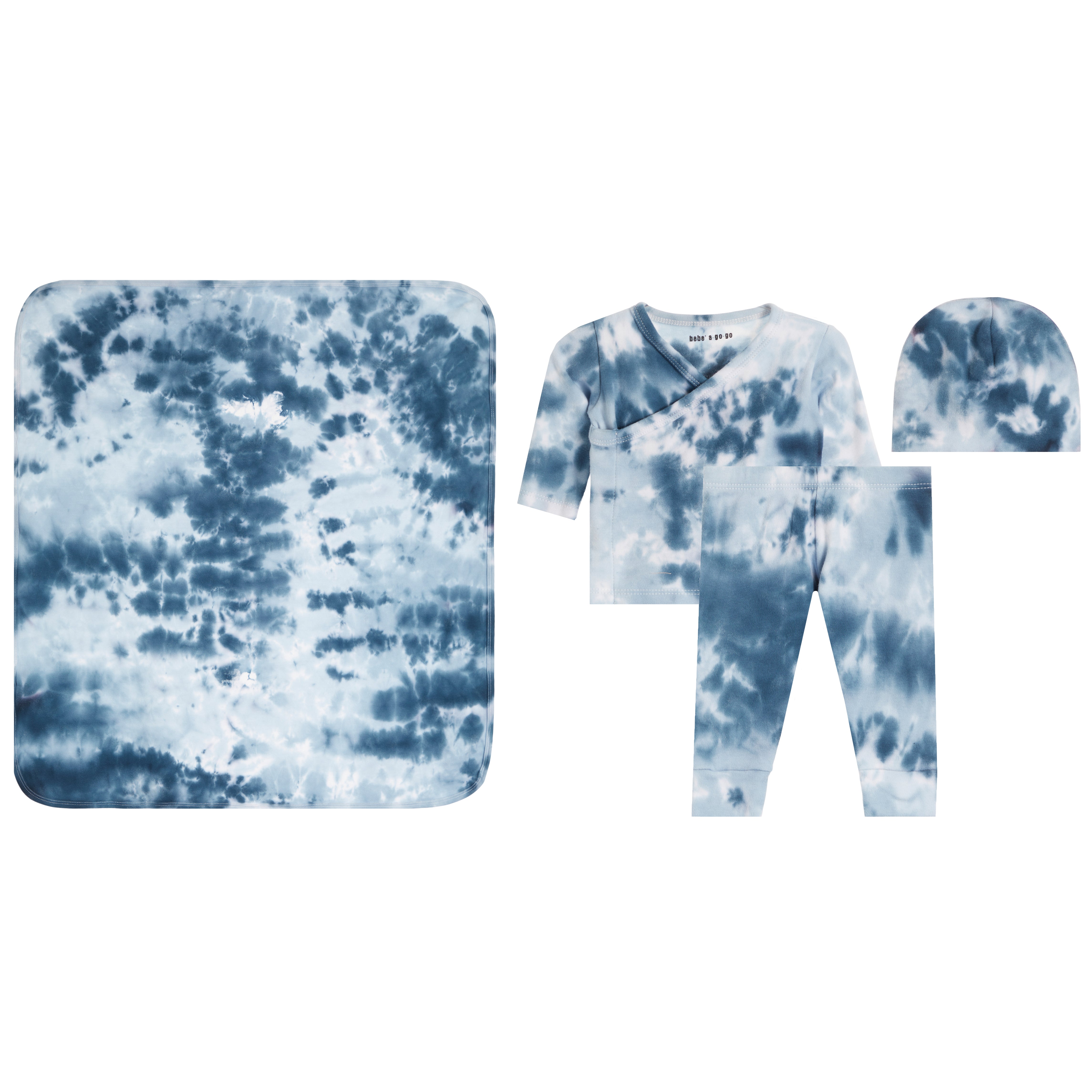 A baby clothing set featuring a blue and white tie-dye pattern, including a square blanket, a short-sleeve wrap top, matching pants, and a beanie, displayed on a solid white background.