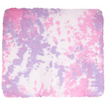 A rectangle blanket likely a napkin, small tablecloth, or scarf, featuring a pink and lavender purple tie-dye pattern on a white base, with hand-stitched scalloped edges.
