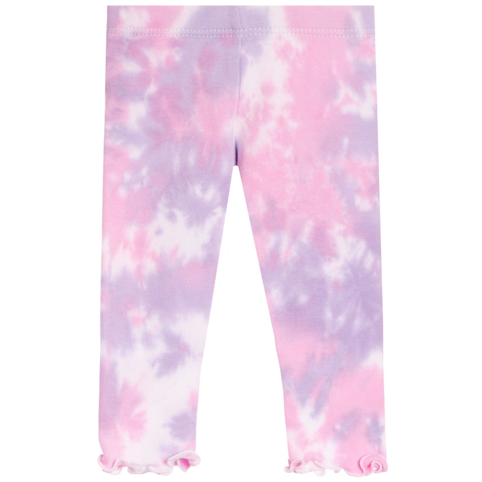 Pink and purple tie-dye pants with ruffled hems, shown flat against a white background.