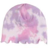 A knit beanie hat featuring a pink and purple tie-dye pattern with a scalloped edge, shown against a plain white background.