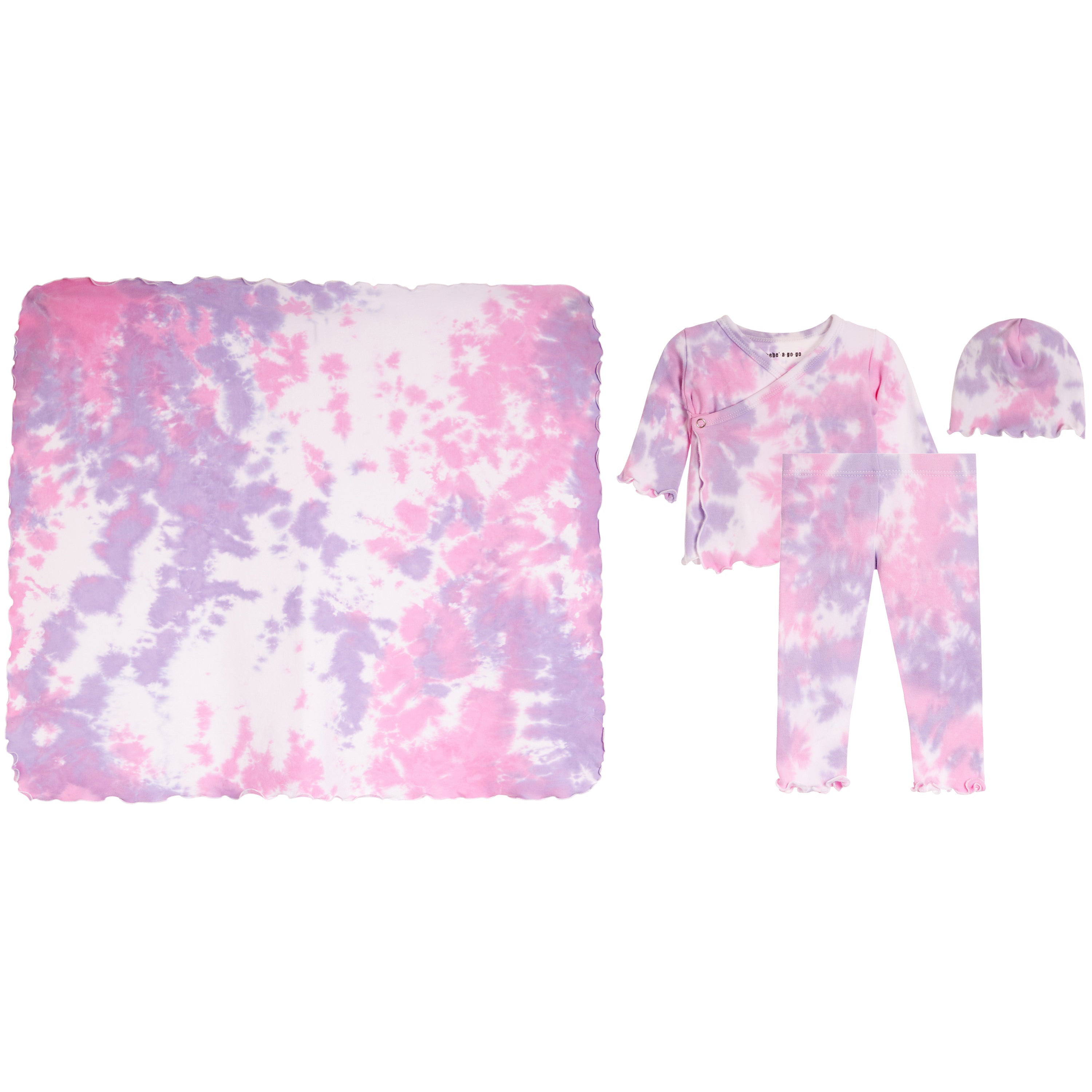 A baby clothing set with a pink and lavender tie-dye pattern, including a blanket, a long-sleeve wrap top, pants, and a beanie, displayed on a solid white background.
