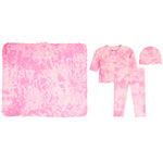 A baby clothing set in a pink tie-dye pattern, featuring a blanket, a long-sleeve wrap top, leggings, and a beanie, displayed on a solid white background.