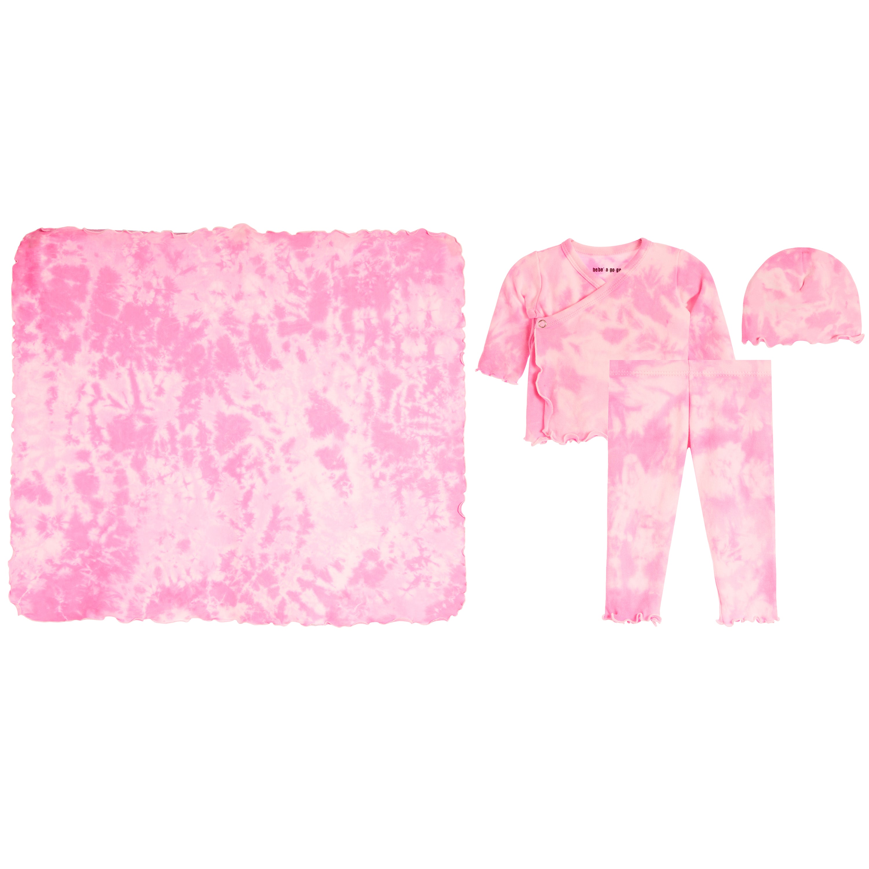 A baby clothing set in a pink tie-dye pattern, featuring a blanket, a long-sleeve wrap top, leggings, and a beanie, displayed on a solid white background.