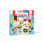 Melissa & Doug Disney Fill & Top Donuts play set in its retail box, featuring Mickey Mouse and Minnie Mouse illustrations and a blue, white, and red striped design.