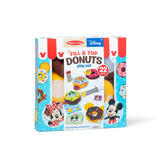 Melissa & Doug Disney Fill & Top Donuts play set in its retail box, featuring Mickey Mouse and Minnie Mouse illustrations and a blue, white, and red striped design.