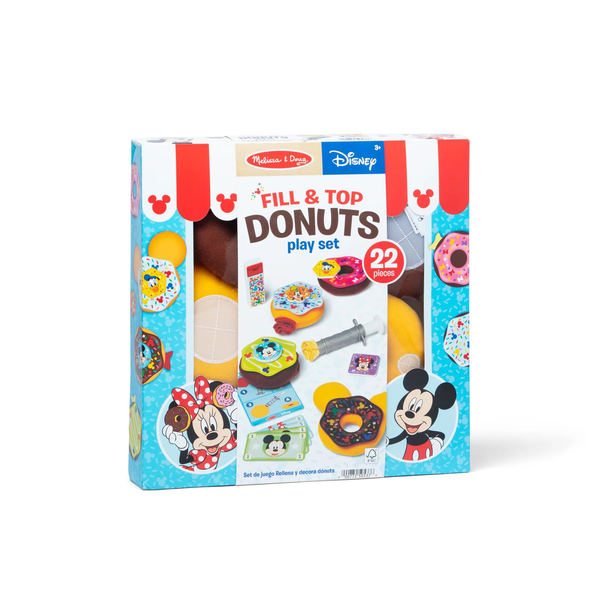Melissa & Doug Disney Fill & Top Donuts play set in its retail box, featuring Mickey Mouse and Minnie Mouse illustrations and a blue, white, and red striped design.