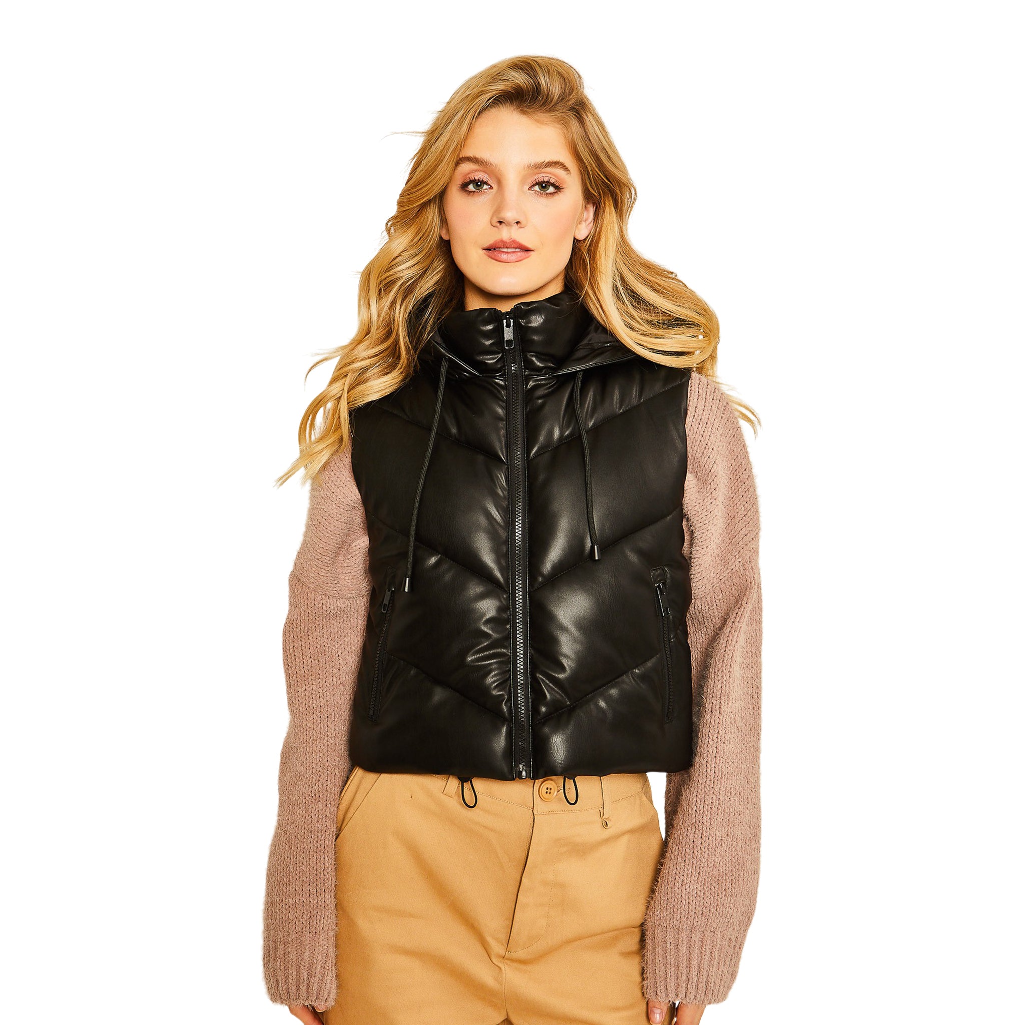 Pleather Hooded Cropped Vest - Denny's
