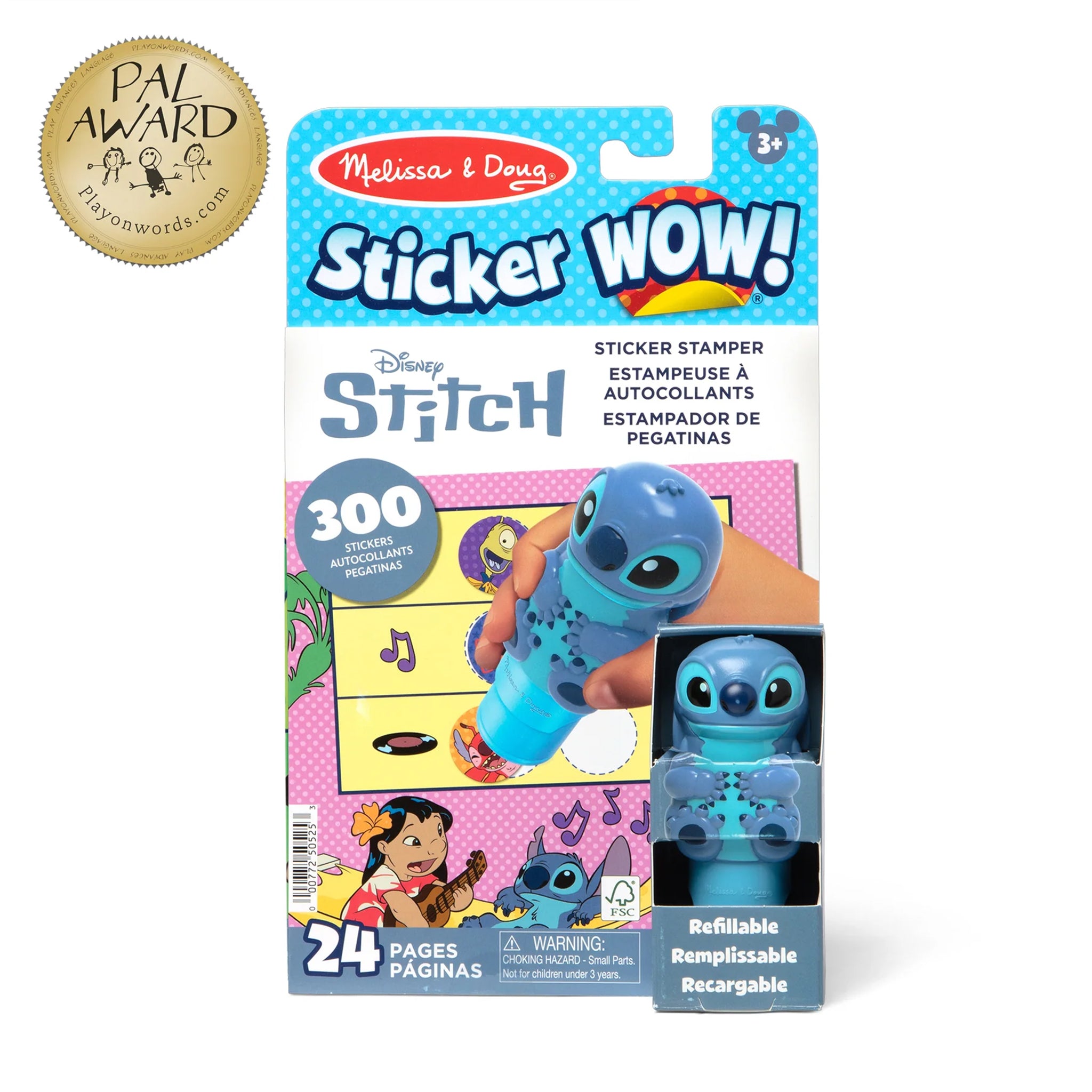 Melissa & Doug Disney Stitch Sticker Wow! toy set in its retail packaging, featuring a blue Stitch-shaped sticker stamper and a clear display window showing the blue stamper inside. The box includes character illustrations and a gold Pal Award seal in the top left corner.