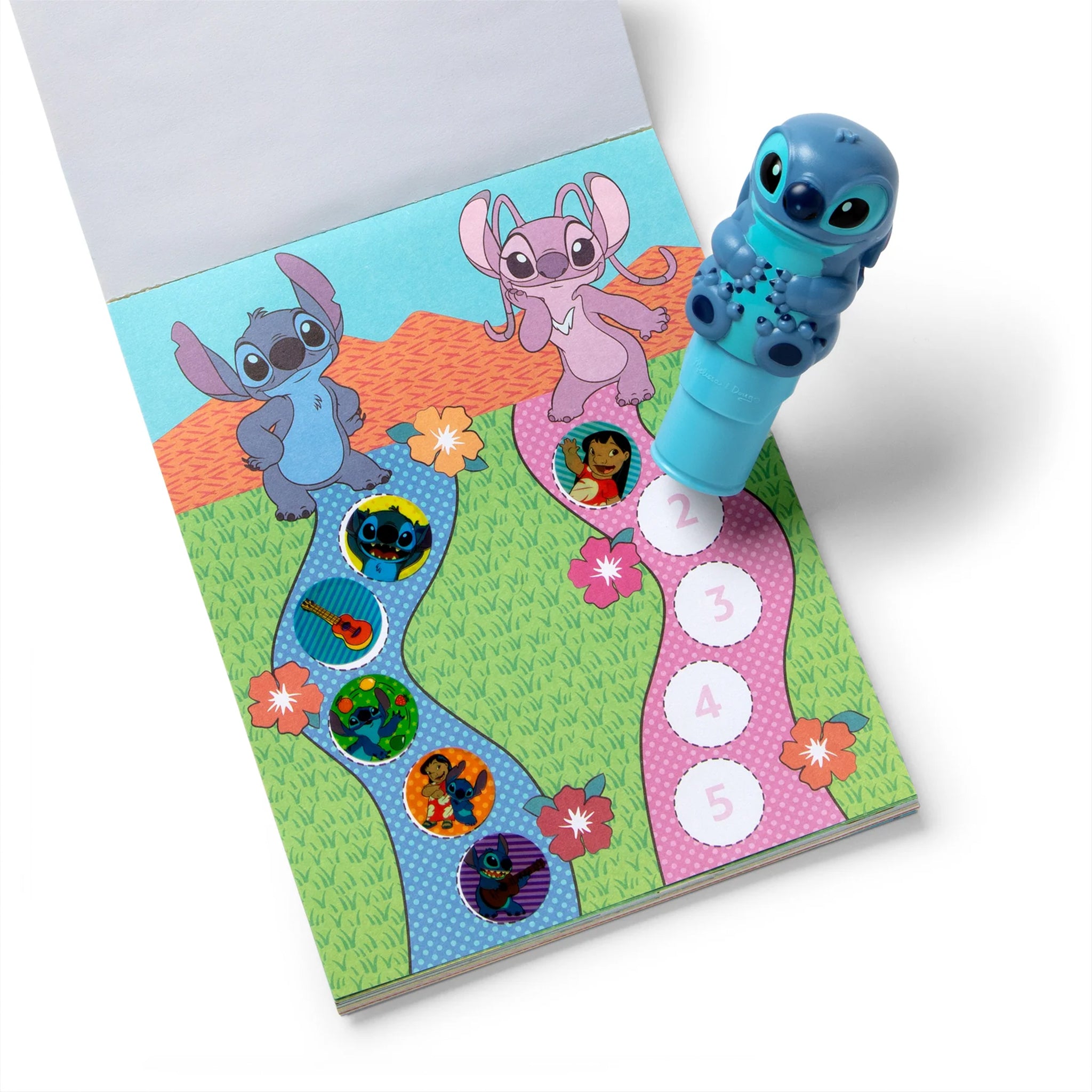 Children's game board with cartoon characters and a blue toy on a white background