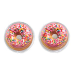 Two pink donut-shaped objects with colorful sprinkles on a white background