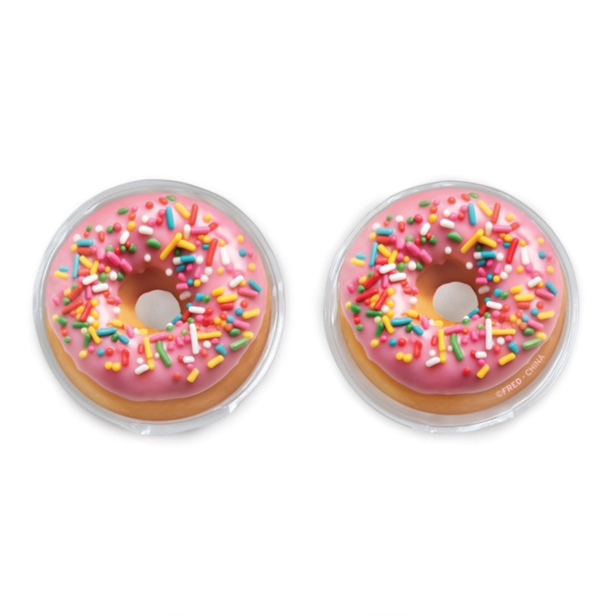Two pink donut-shaped objects with colorful sprinkles on a white background