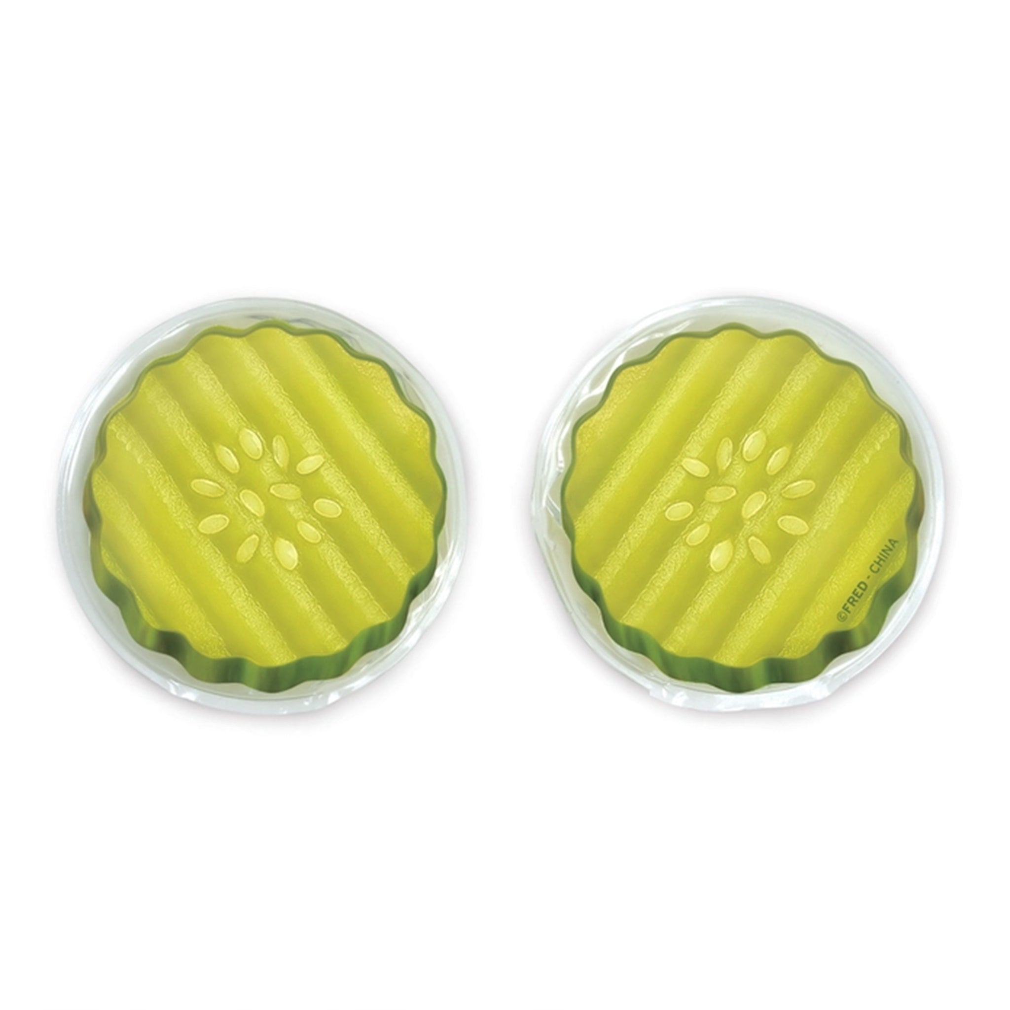Two round pickle eye masks, arranged side by side on a white background.