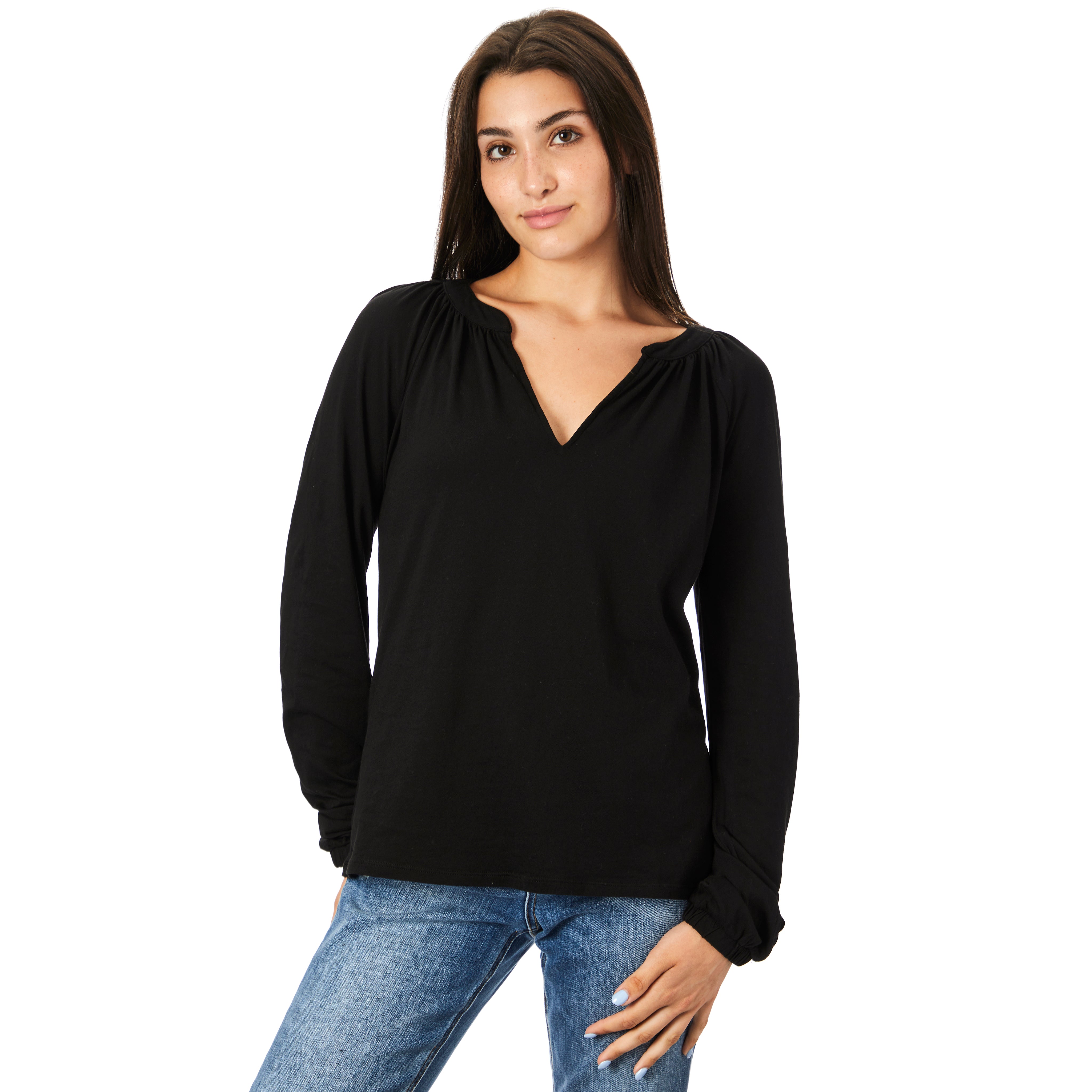 Split Neck Shirred Long Sleeve Top - Denny's