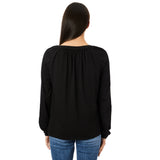 Split Neck Shirred Long Sleeve Top - Denny's