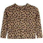 A long-sleeve, high-neck top with a pleated texture and an all-over leopard print pattern in beige, brown, and black, shown against a plain white background.