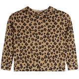 A long-sleeve, high-neck top with a pleated texture and an all-over leopard print pattern in beige, brown, and black, shown against a plain white background.