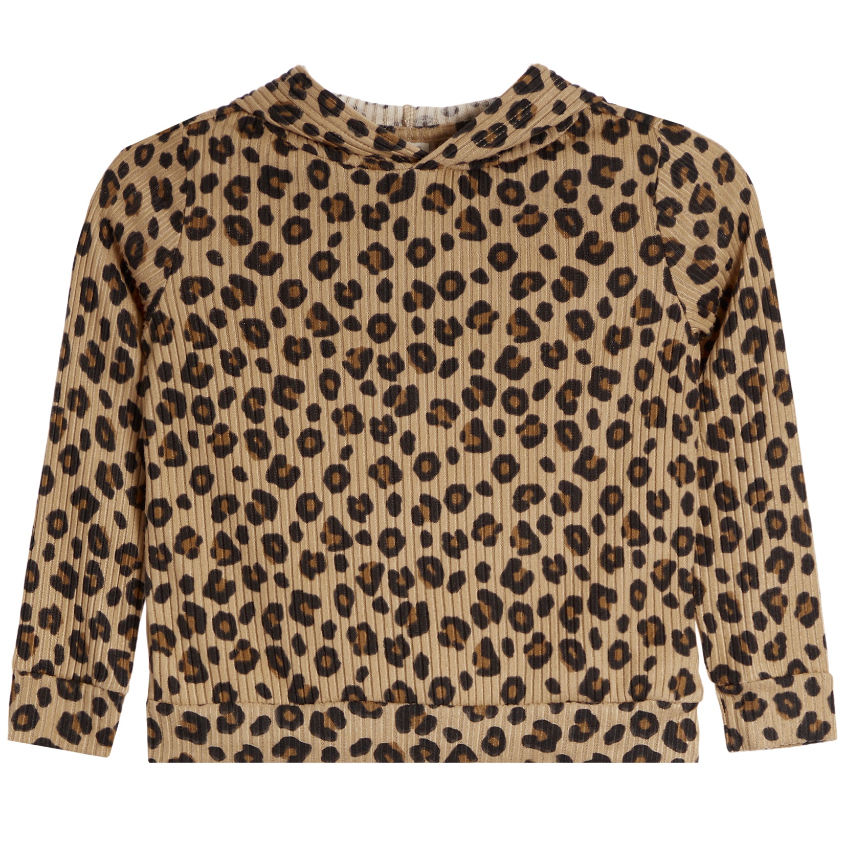 A long-sleeve, high-neck top with a pleated texture and an all-over leopard print pattern in beige, brown, and black, shown against a plain white background.