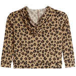 A long-sleeve cowl neck top with a pleated texture and an all-over leopard print pattern in beige, brown, and black, shown flat against a white background.