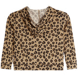 A long-sleeve cowl neck top with a pleated texture and an all-over leopard print pattern in beige, brown, and black, shown flat against a white background.