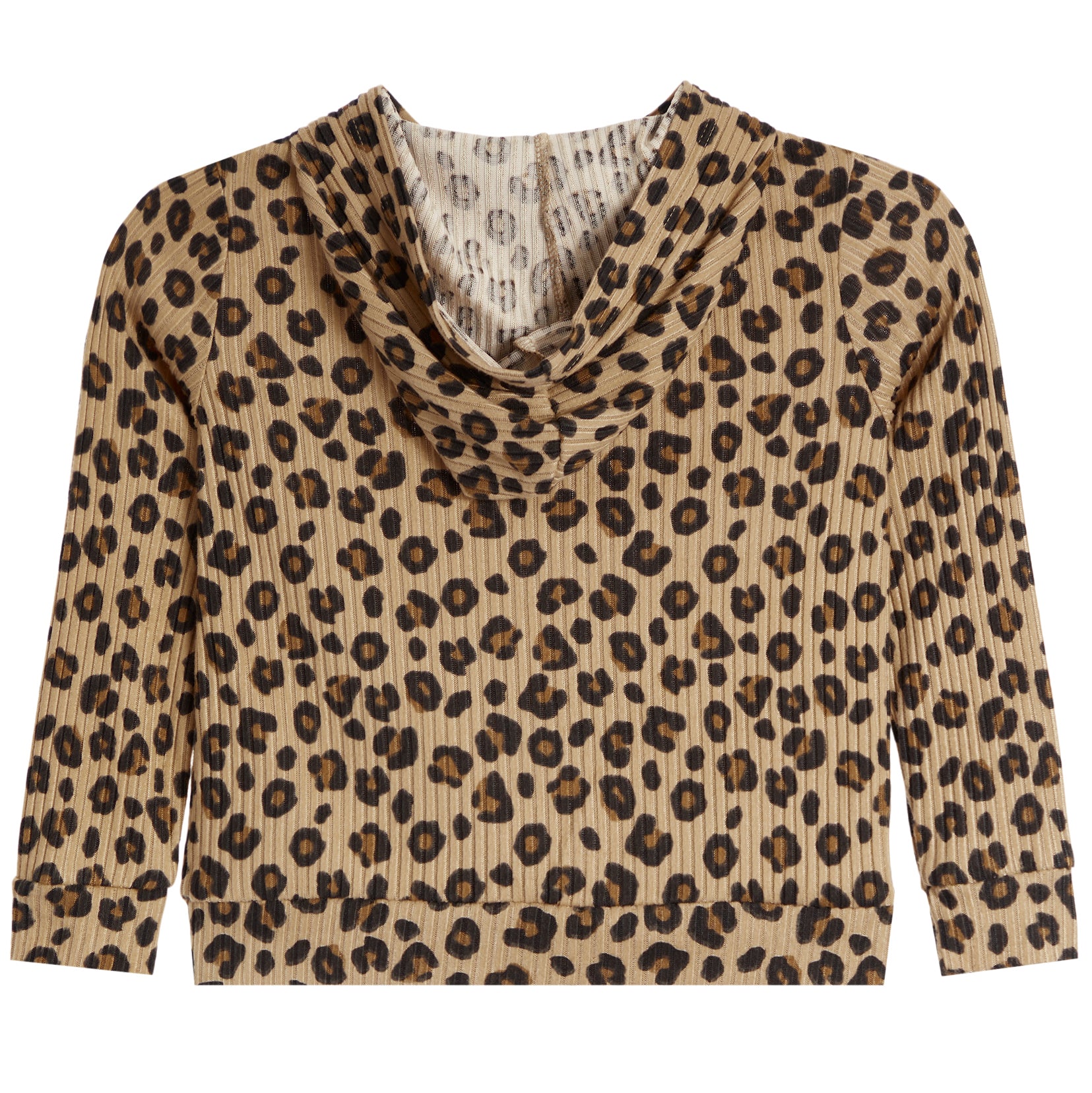 A long-sleeve cowl neck top with a pleated texture and an all-over leopard print pattern in beige, brown, and black, shown flat against a white background.