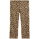 A pair of children's leggings with a vertical pleated texture, featuring a classic leopard print pattern in beige, brown, and black on a plain white background.