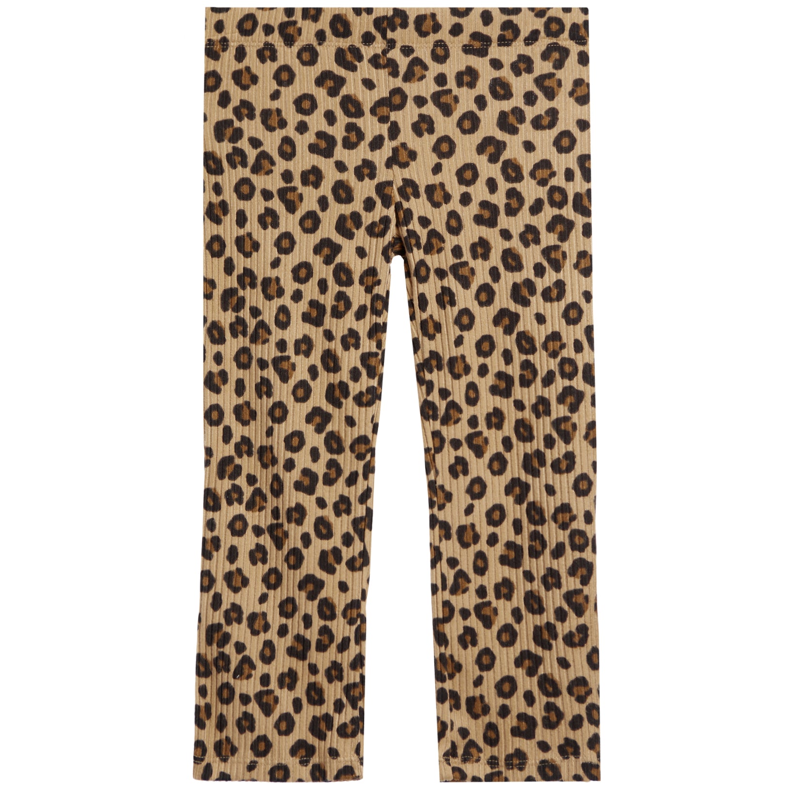 A pair of children's leggings with a vertical pleated texture, featuring a classic leopard print pattern in beige, brown, and black on a plain white background.