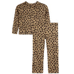 A two-piece children's set featuring a long-sleeve top and matching pants in a brown and black leopard print pattern on a beige background, shown against a plain white background.