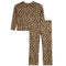 A two-piece children's set featuring a long-sleeve top and matching pants in a brown and black leopard print pattern on a beige background, shown against a plain white background.