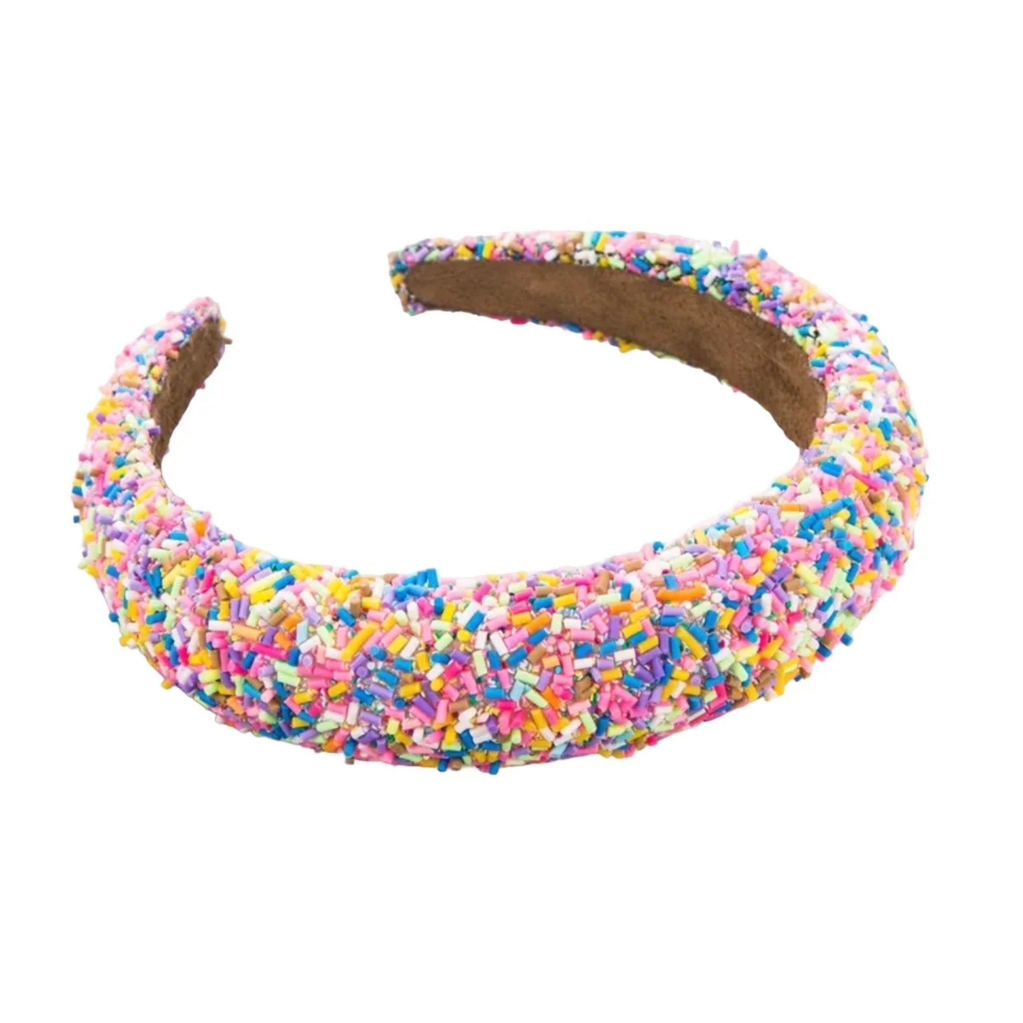Colorful sprinkle-patterned headband on a white background
