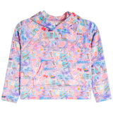 A girls' hooded sweatshirt with a colorful pastel watercolor background and an all-over print of cute cosmetic-themed illustrations, including brushes, bottles, tubes, and the word 'FABULOUS'.