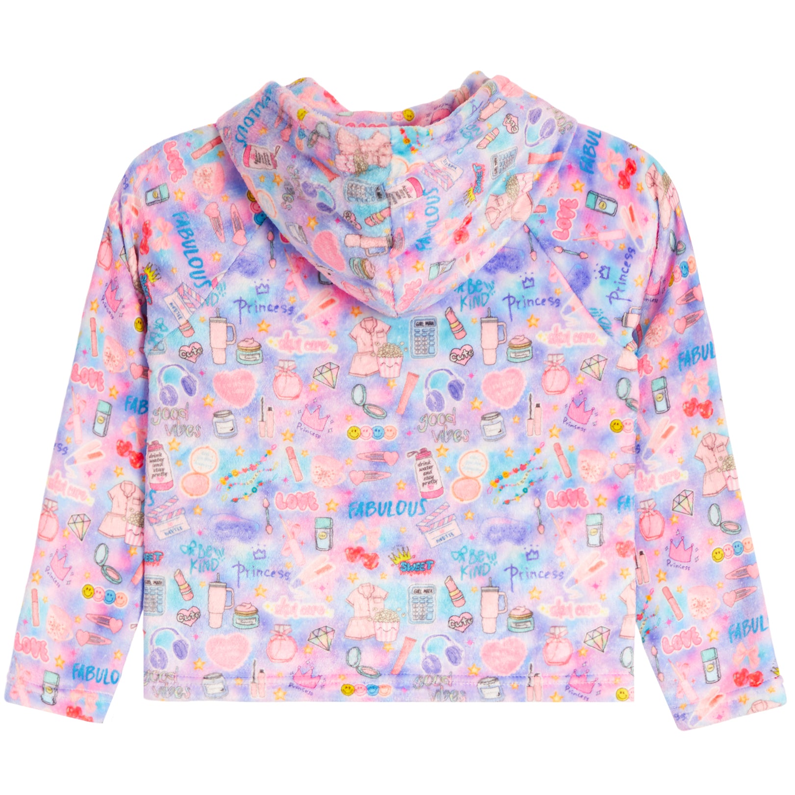 A girls' hooded sweatshirt with a colorful pastel watercolor background and an all-over cosmetic-themed print featuring lip gloss, eyeshadow palettes, makeup brushes, and the words 'FABULOUS' and 'MAKEUP'.
