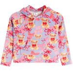 A children's long-sleeve hooded sweatshirt in light lavender, featuring an all-over print of teddy bears wearing glasses and red bows, with a front kangaroo pocket.
