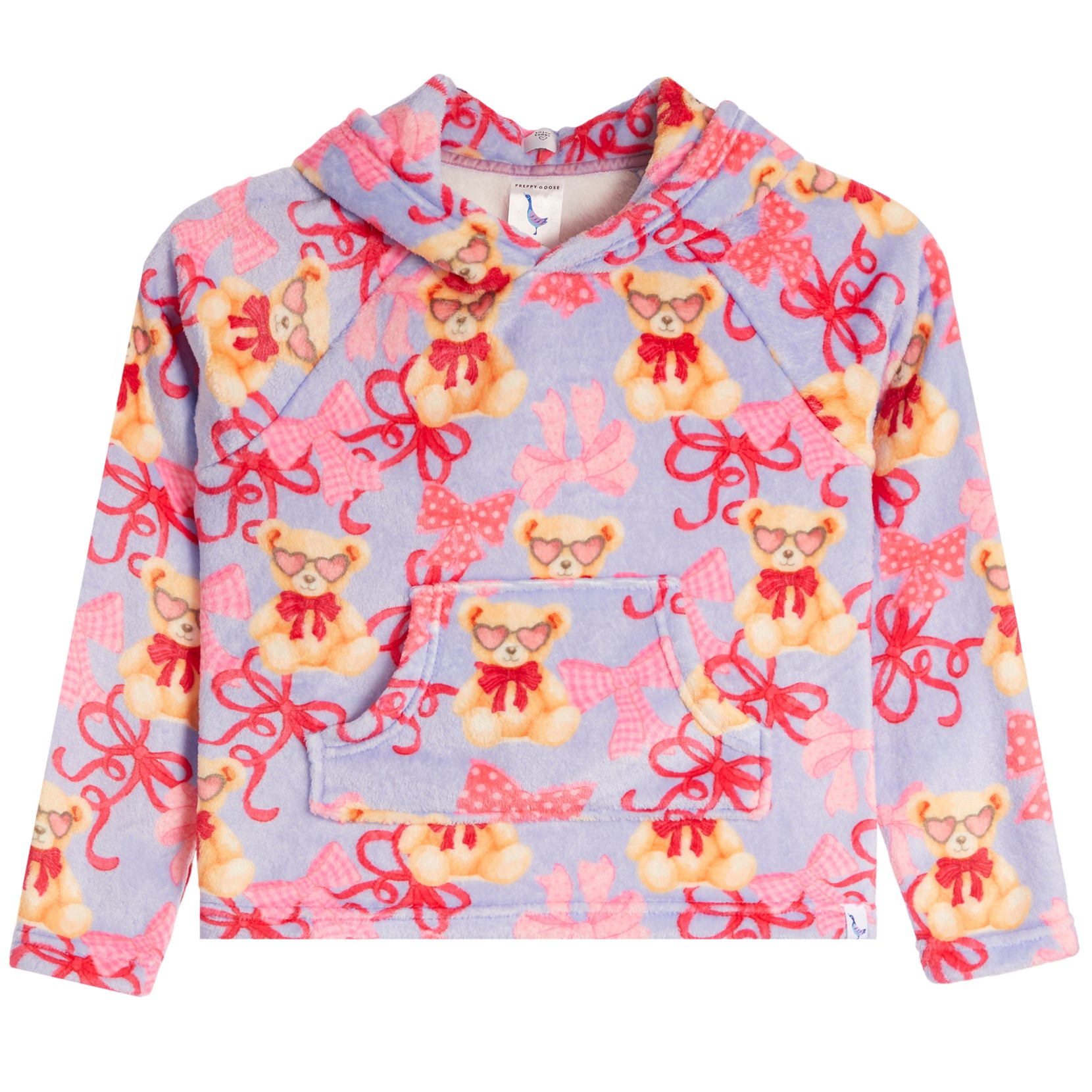 A children's long-sleeve hooded sweatshirt in light lavender, featuring an all-over print of teddy bears wearing glasses and red bows, with a front kangaroo pocket.