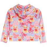 A light lavender hooded sweatshirt with a repeating pattern of teddy bears wearing pink sunglasses, pink gingham bows, and red neckties, shown against a plain white background.