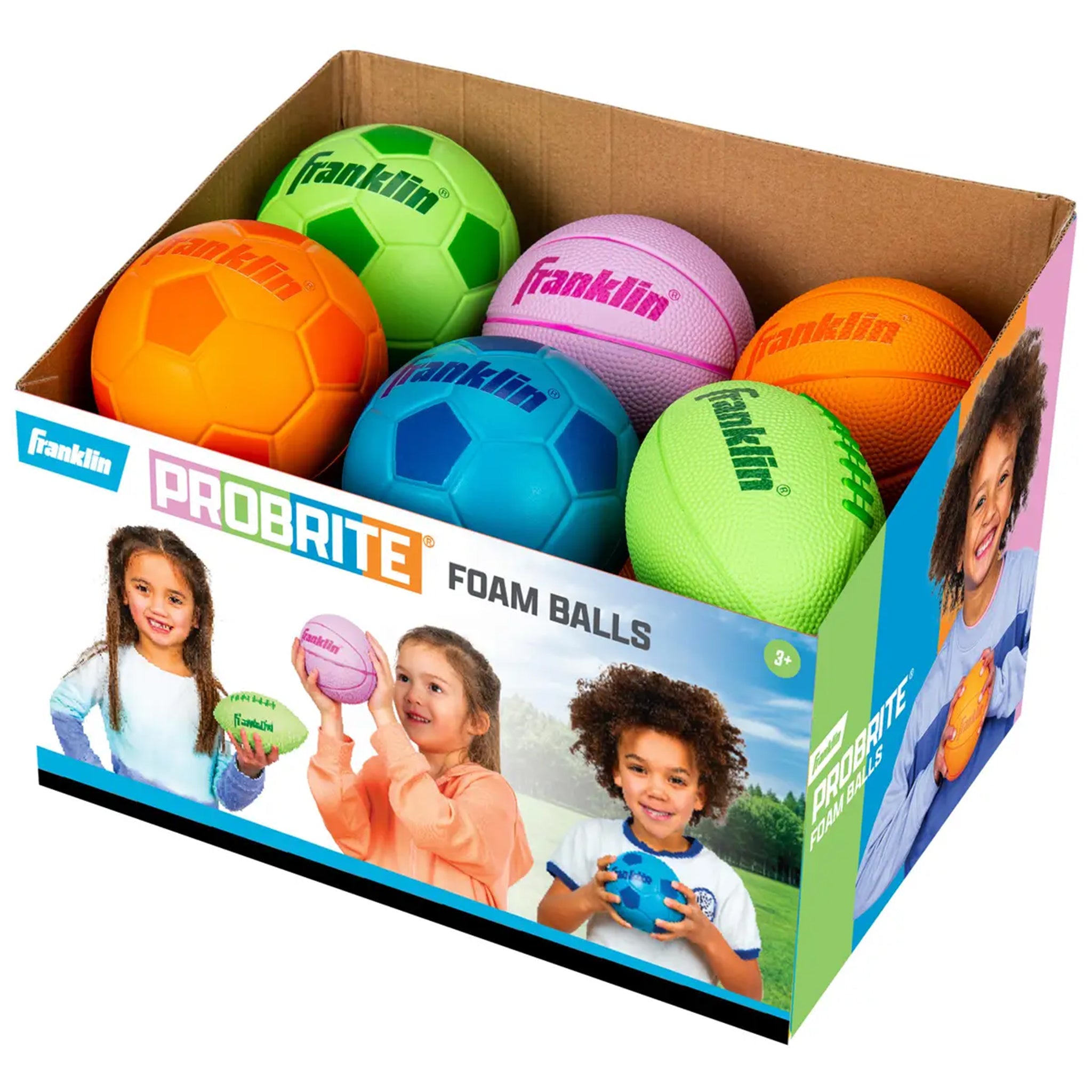 A box of Franklin ProBrite foam balls for kids, containing six colorful balls in orange, green, pink, blue, and orange, displayed in its retail packaging.