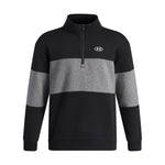 A black and gray color-blocked quarter-zip pullover sweatshirt with a white Under Armour logo on the chest, displayed on a clean white background.