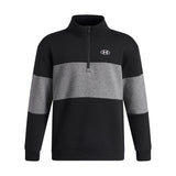 A black and gray color-blocked quarter-zip pullover sweatshirt with a white Under Armour logo on the chest, displayed on a clean white background.
