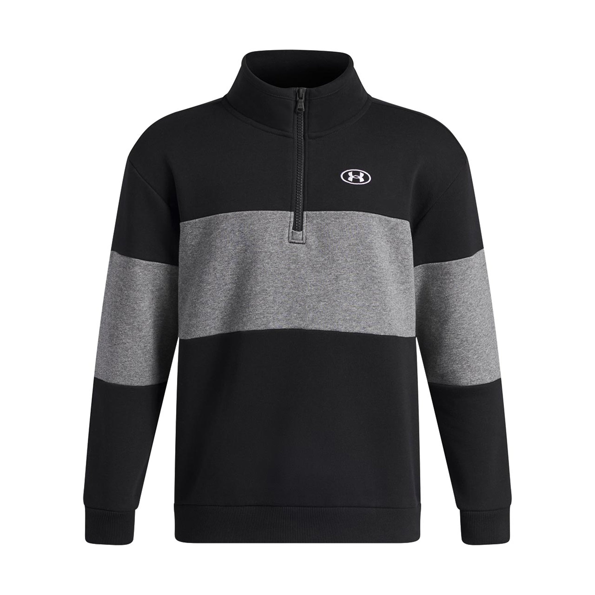 A black and gray color-blocked quarter-zip pullover sweatshirt with a white Under Armour logo on the chest, displayed on a clean white background.