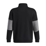 A black long-sleeve quarter-zip sweatshirt with heather gray color-blocked elbow panels, shown from the back on a white background.