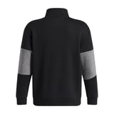 A black long-sleeve quarter-zip sweatshirt with heather gray color-blocked elbow panels, shown from the back on a white background.
