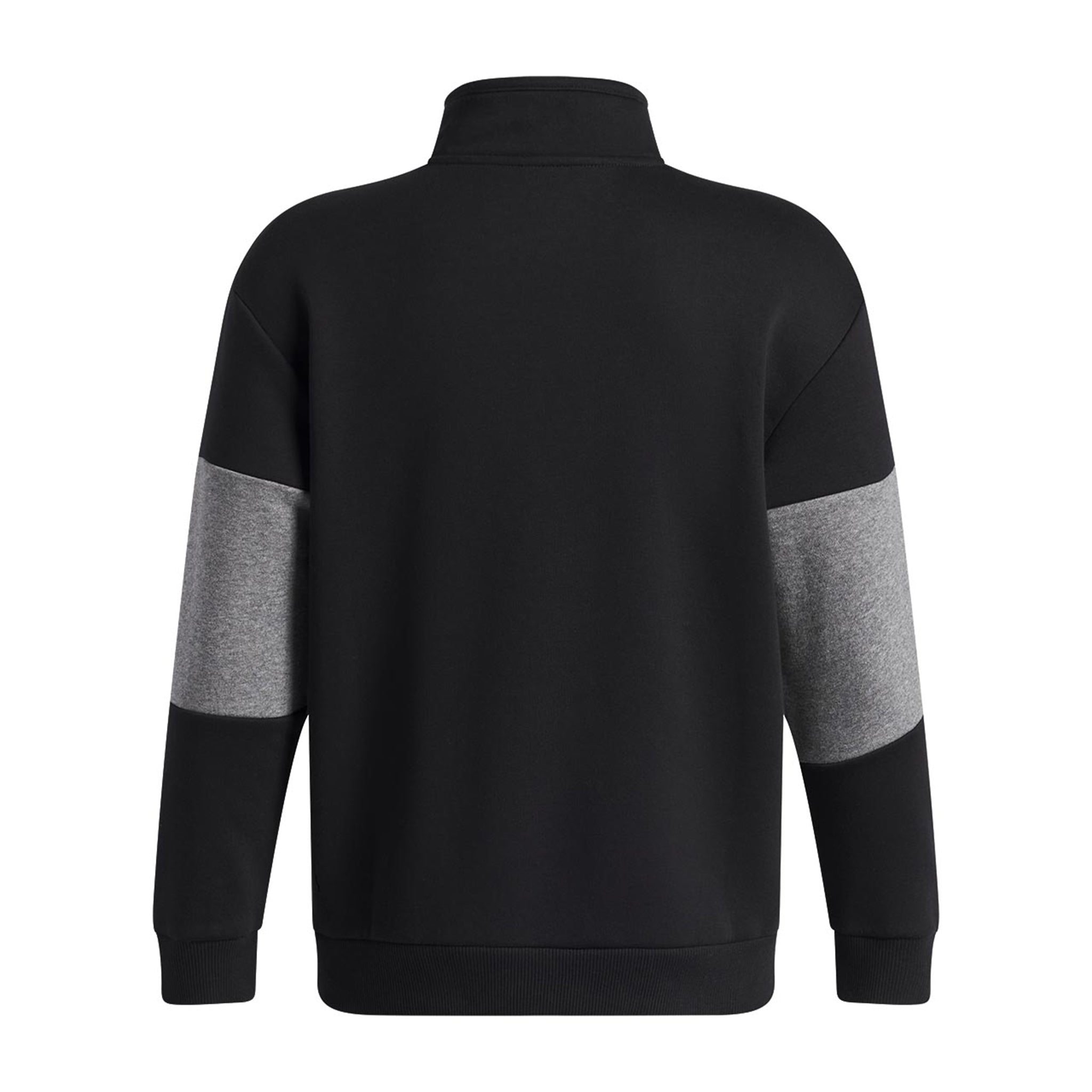 A black long-sleeve quarter-zip sweatshirt with heather gray color-blocked elbow panels, shown from the back on a white background.
