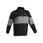 A black and gray color-blocked quarter-zip sweatshirt with a small white circular logo on the left chest, displayed on a clean white background.