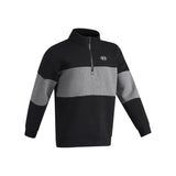 A black and gray color-blocked quarter-zip sweatshirt with a small white circular logo on the left chest, displayed on a clean white background.