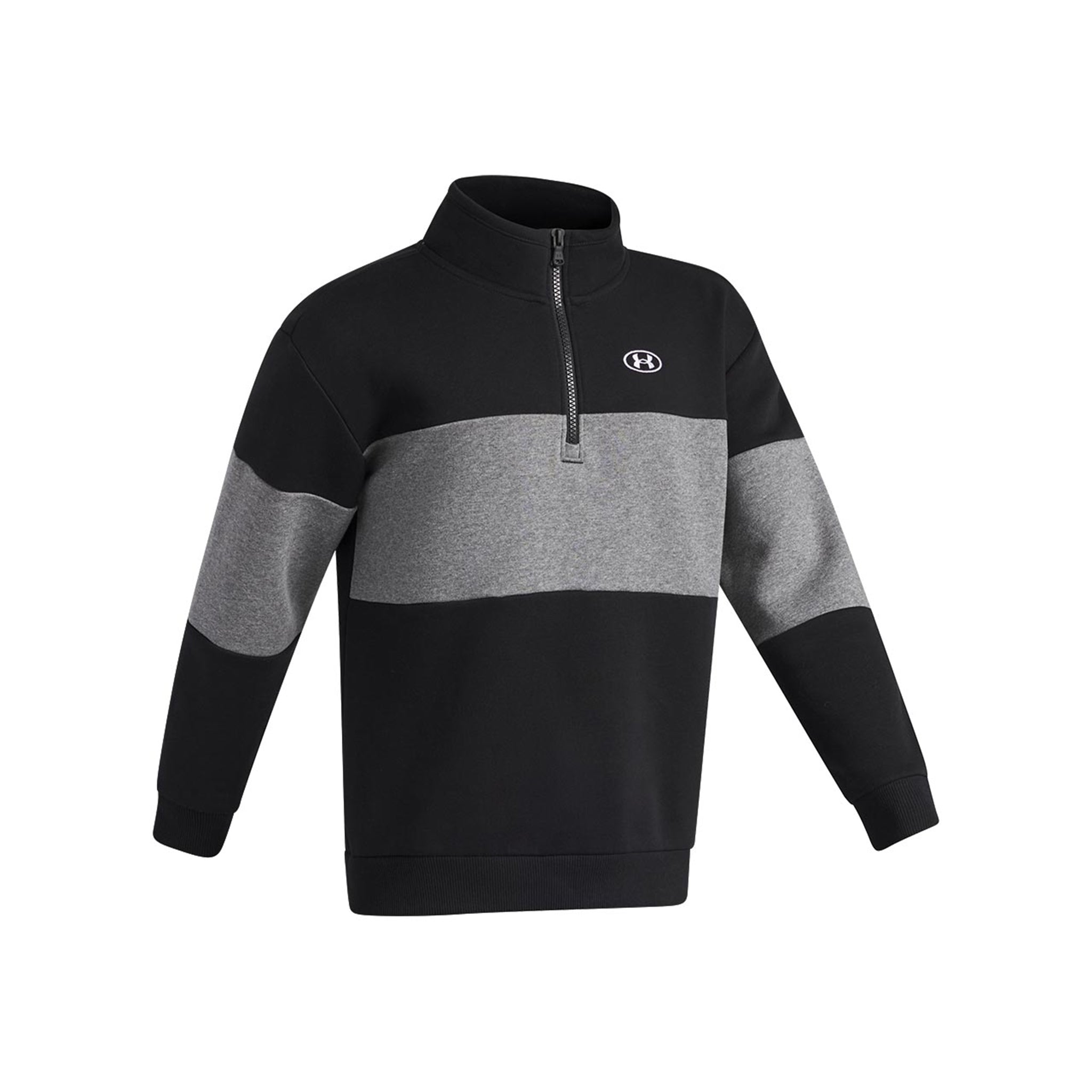 A black and gray color-blocked quarter-zip sweatshirt with a small white circular logo on the left chest, displayed on a clean white background.
